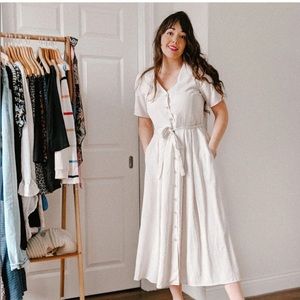 Vetta Capsule The Button Up Midi Dress in Tan Stripe S D1